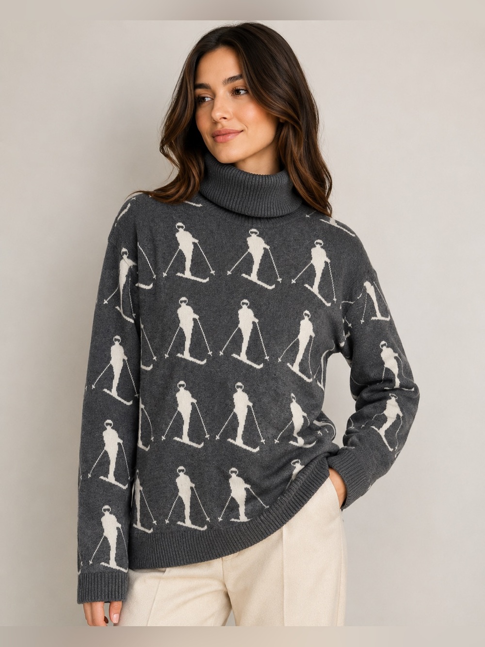 Alp N Rock Nala Vintage Ski Sweater XS Gray Cream Skier Turtleneck Après Ski